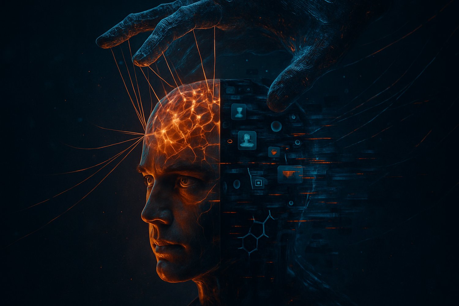 Split human brain showing focus versus digital addiction controlled by algorithms
