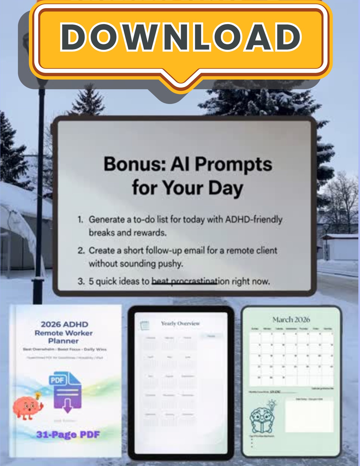 Bonus AI Prompts page in 2026 ADHD Remote Worker Planner – Ready-to-use prompts for ChatGPT/Grok to boost productivity"