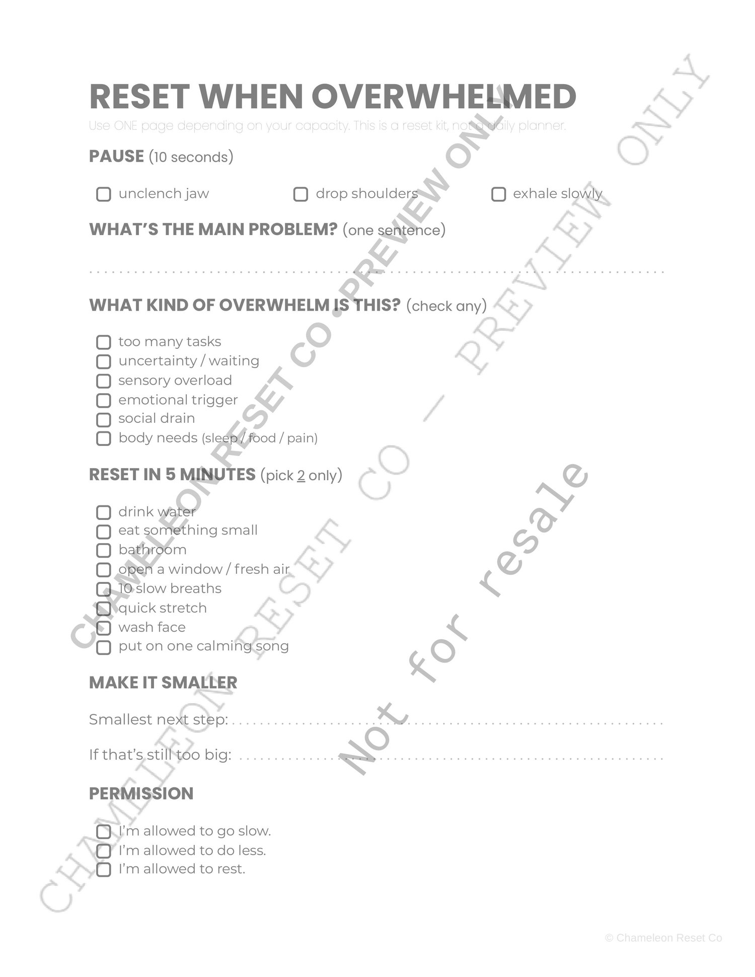 Reset When Overwhelmed page from AuDHD Daily Reset printable