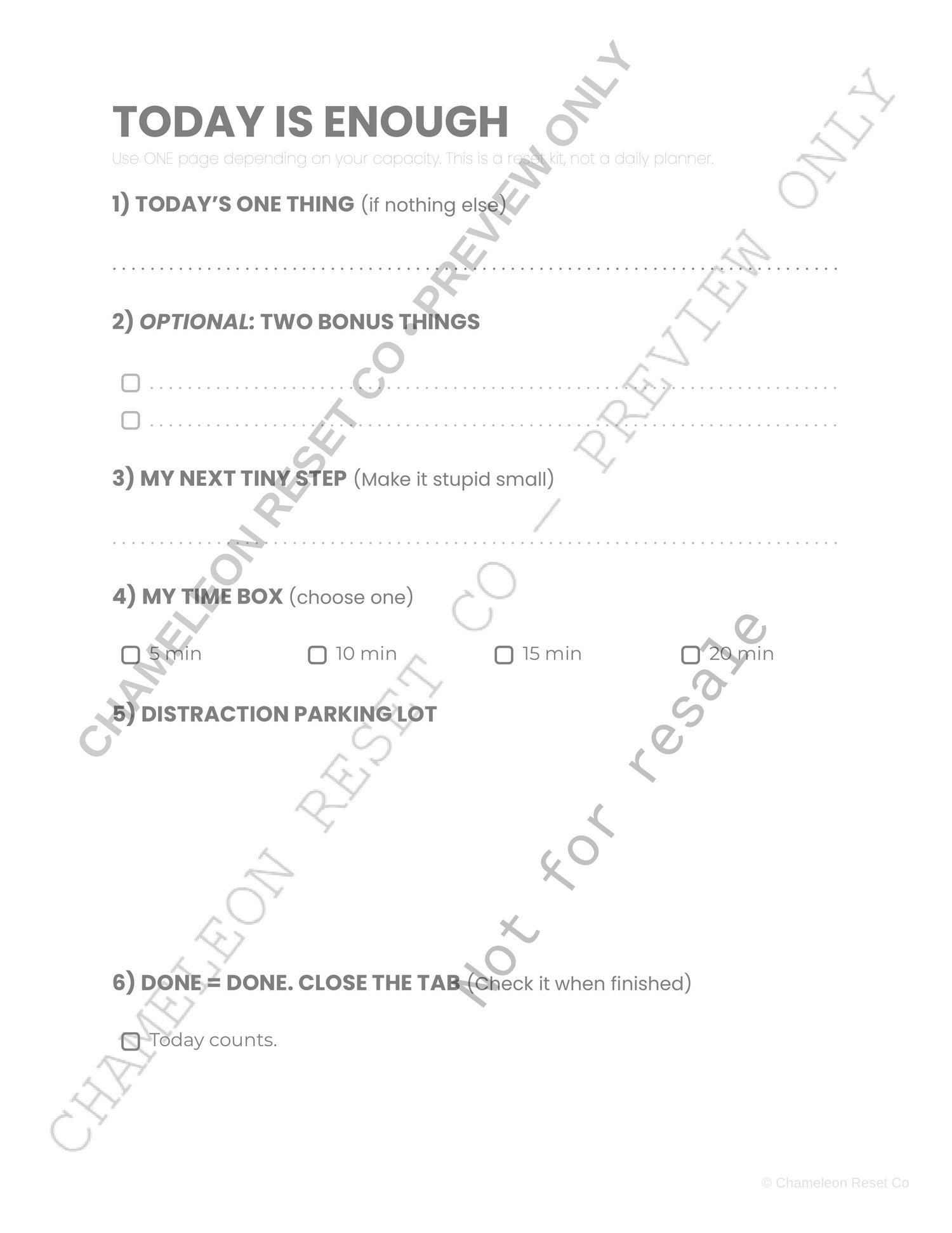 Today Is Enough page from AuDHD Daily Reset printable
