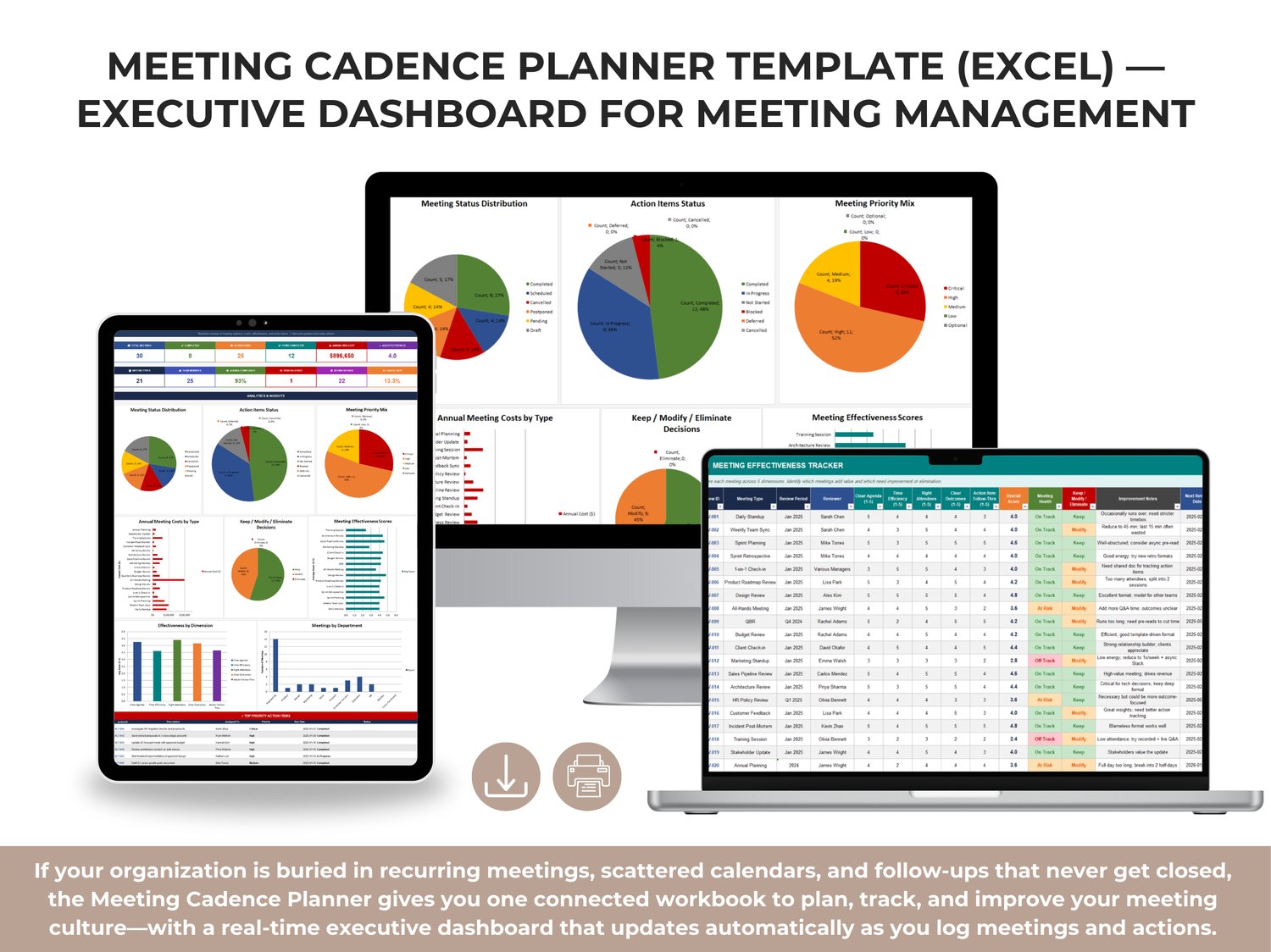 Meeting Cadence Planner Excel template preview showing agenda templates, schedules, meeting costs, effectiveness scoring, action items, and room booking.