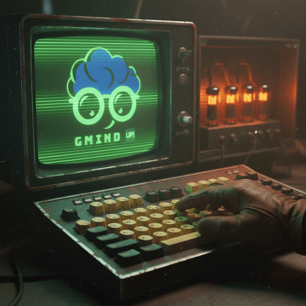 Terminal d'ordinateur rétro-futuriste affichant le logo GMIND UP! sur un écran vert phosphorescent dans un bunker sombre.