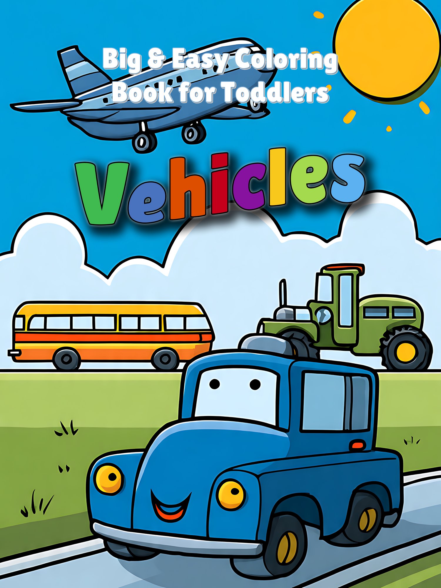 Big & Easy Vehicles Coloring Book – Large simple cars, trucks, tractors and airplanes with thick bold outlines. Perfect for toddlers ages 2–4. Printable PDF for preschool and home.