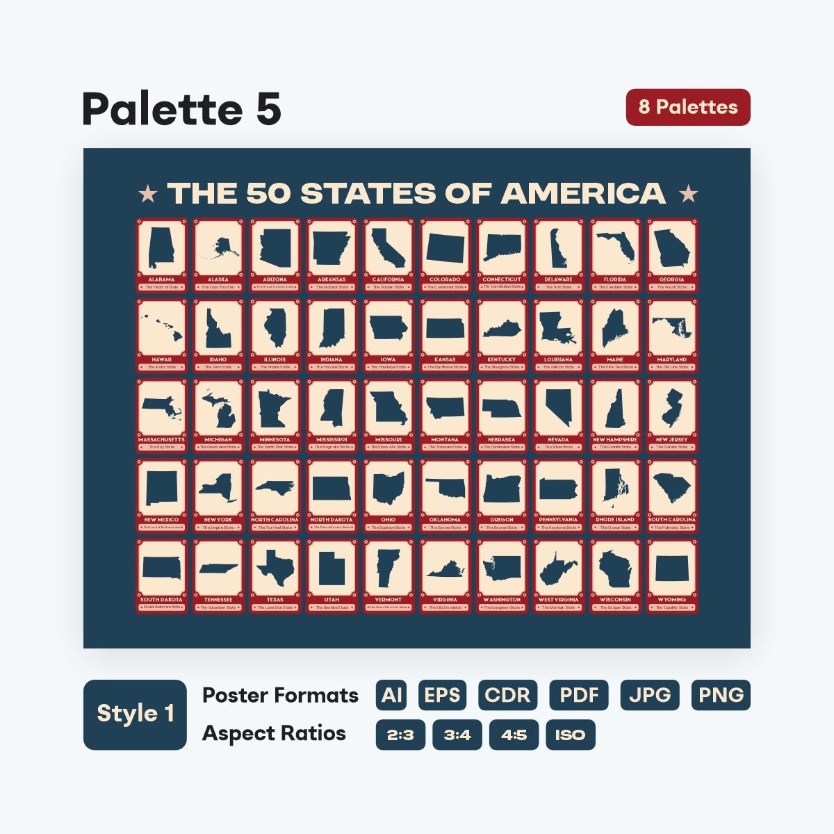 The 50 States of America poster printable with state maps and nicknames