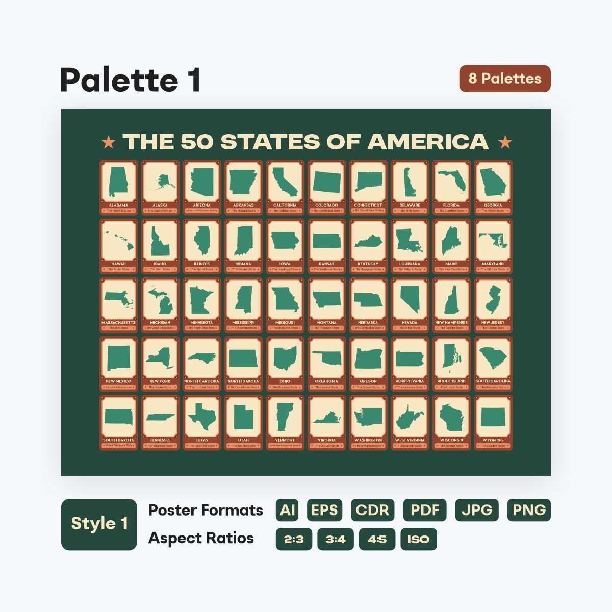 US states map grid poster design