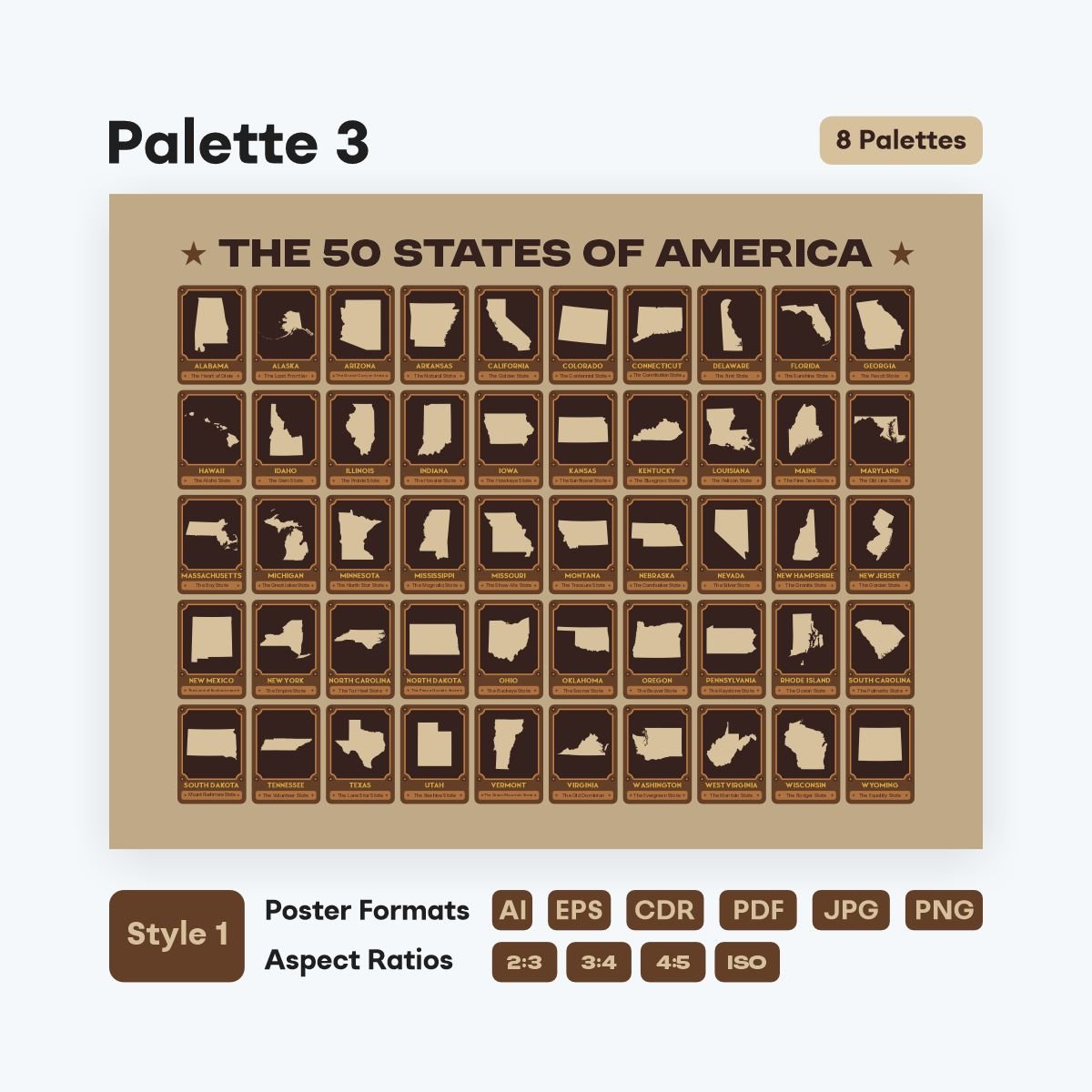 United States map poster with state nicknames