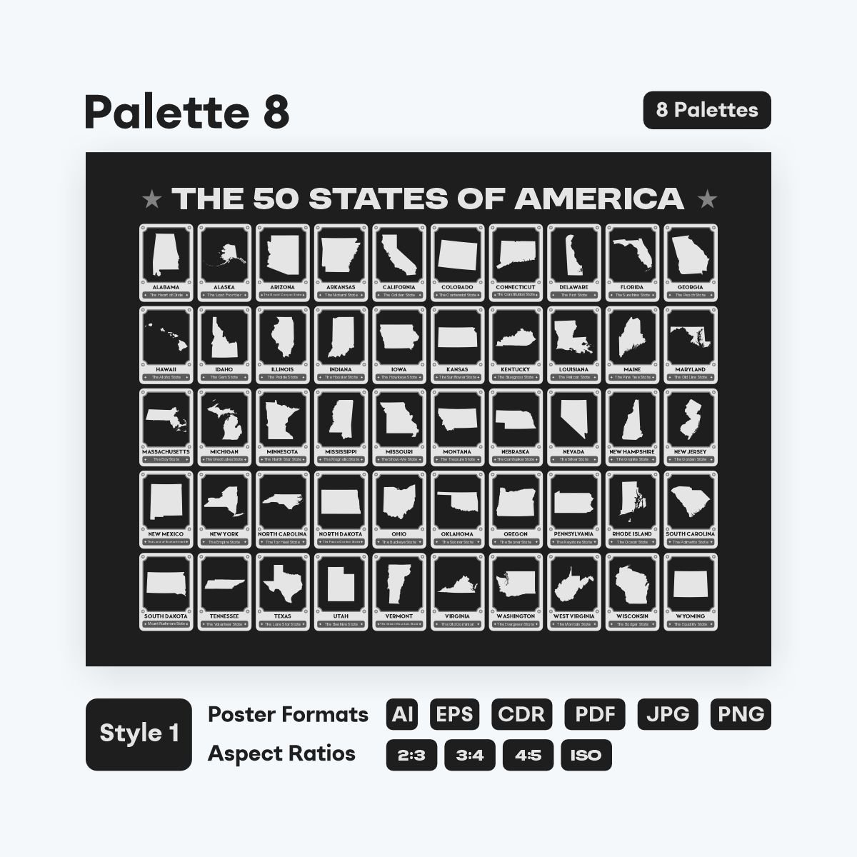 USA state maps printable with names and nicknames