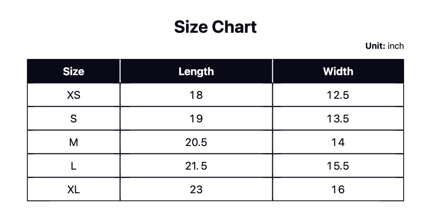 Hula T-shirt Size chart
