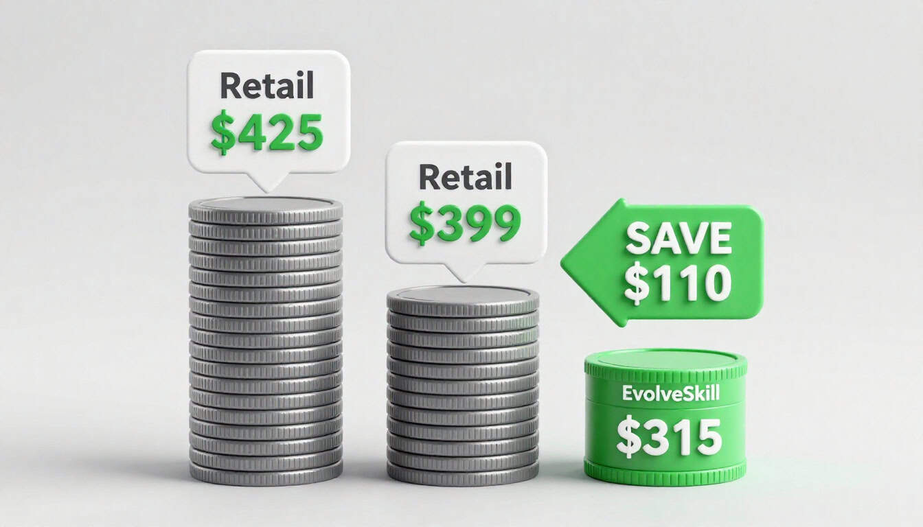 Bar chart comparing retail vs EvolveSkill voucher prices for CompTIA Security+, Network+, and A+ certifications showing $50-$110 savings