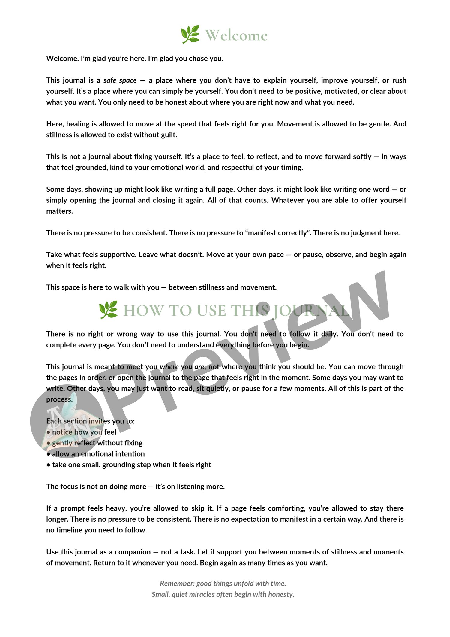 Printable emotional healing journal welcome page with guidance on how to use the 7-day gentle manifestation reflection workbook.