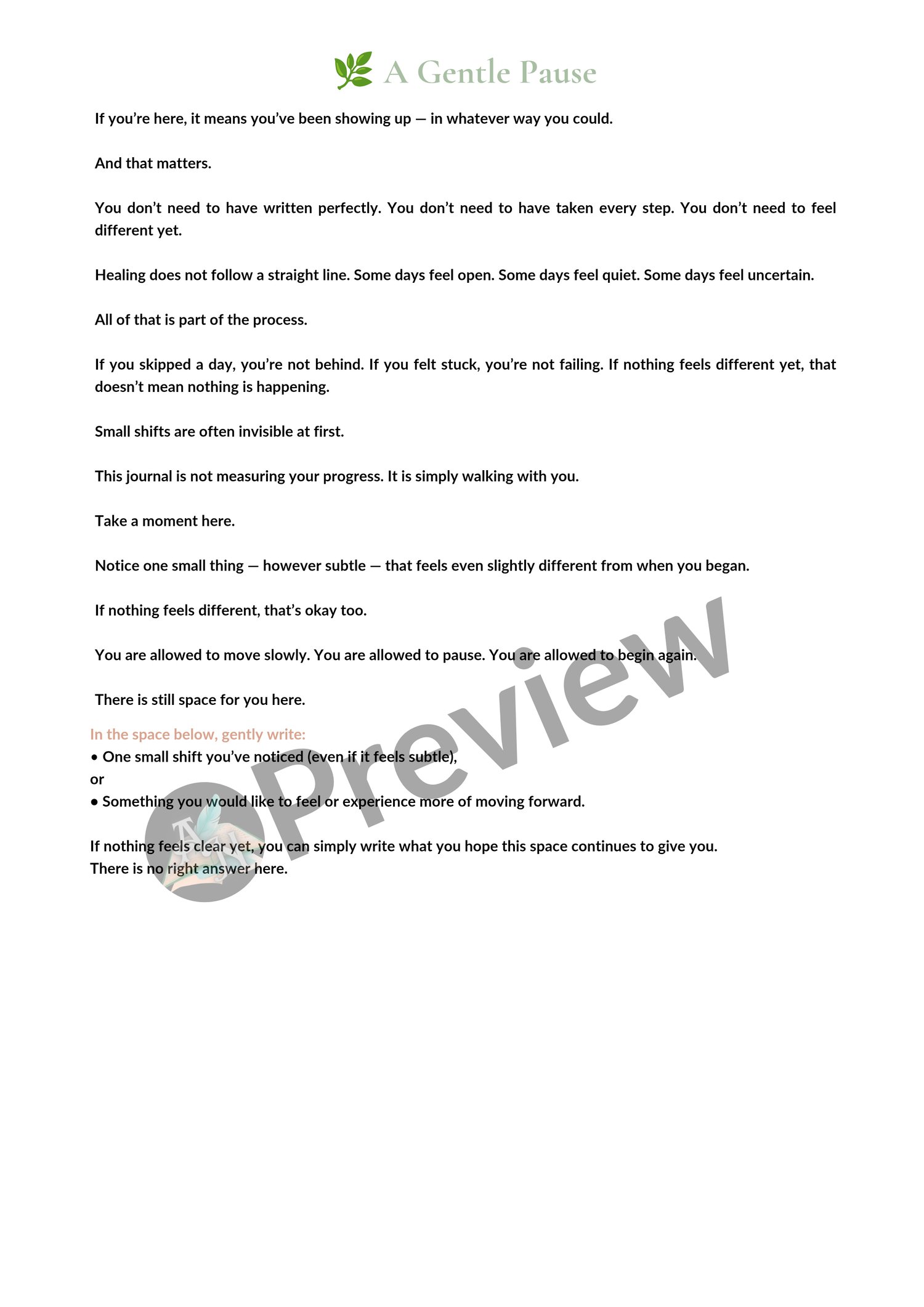 Printable emotional healing journal page titled “A Gentle Pause” with reflective prompts for noticing small personal growth shifts and steady movement.