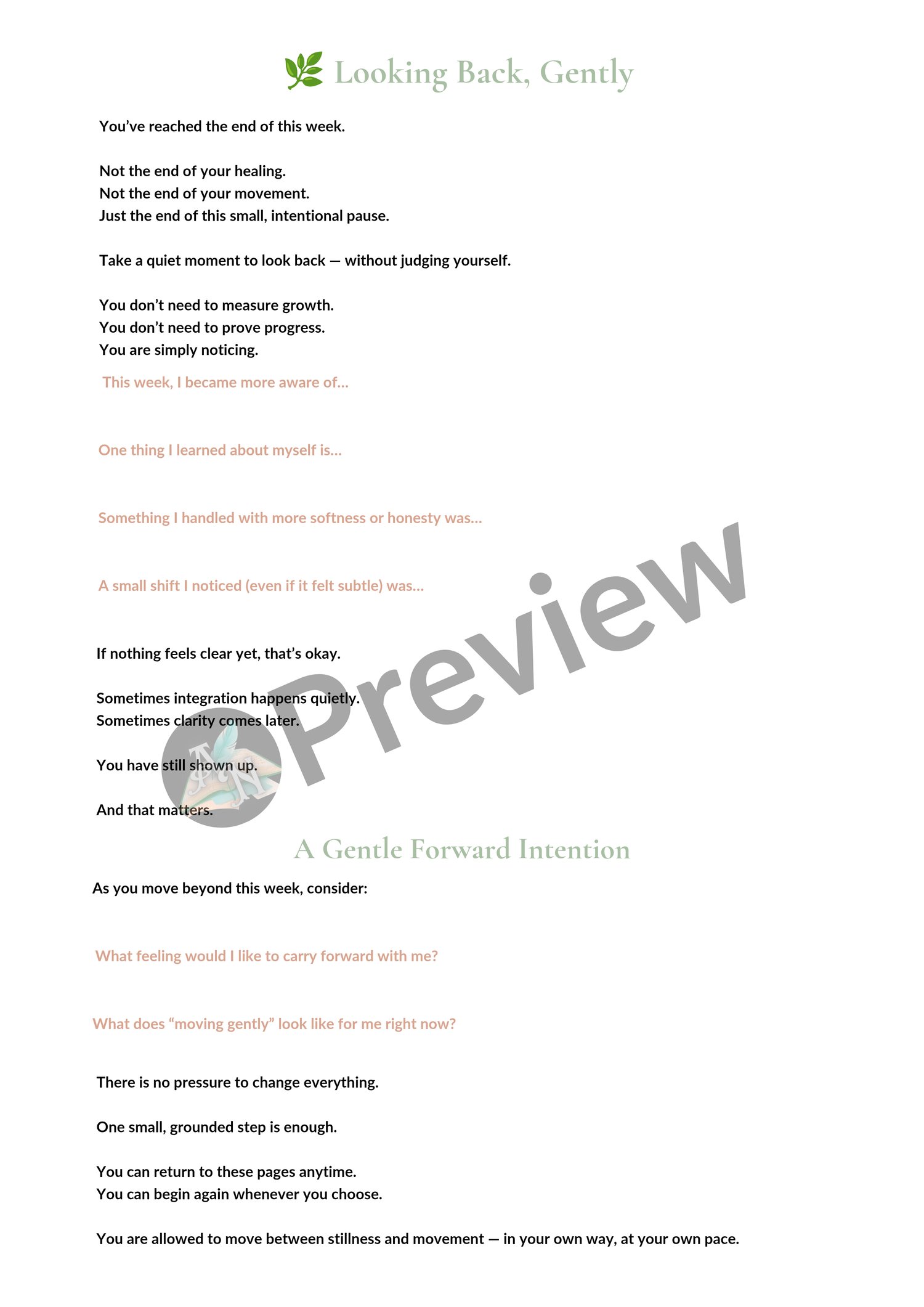 7-day reflection journal printable page titled “Looking Back, Gently” with emotional healing prompts and forward intention setting.