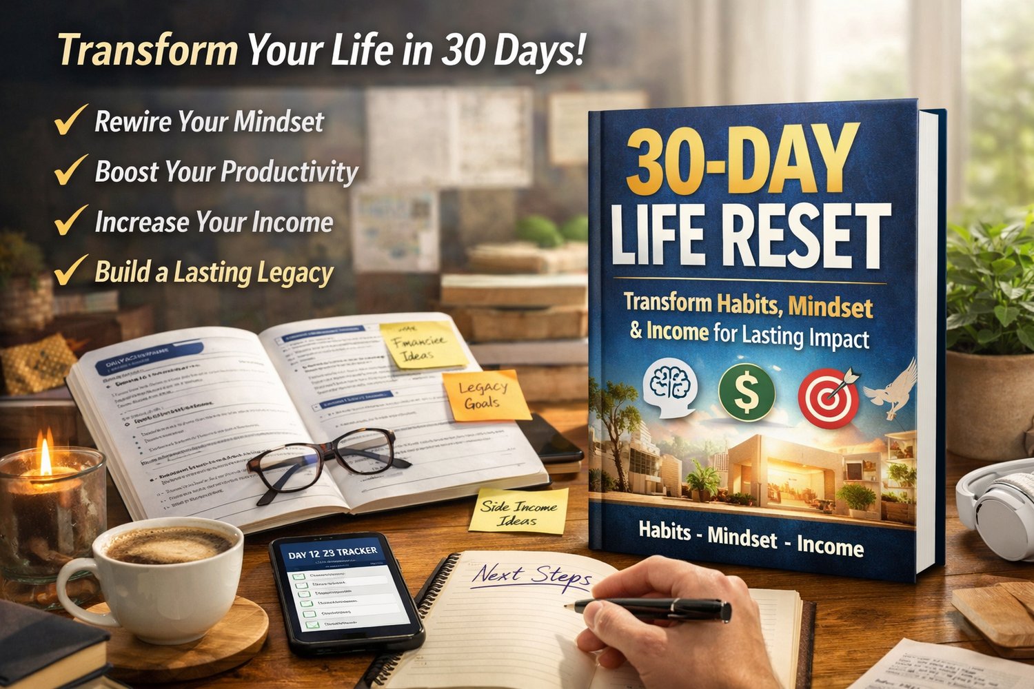 30-Day Life Reset digital workbook guiding users to transform habits, mindset, productivity, and income with neuroscience-backed strategies, daily prompts, and actionable exercises for lasting personal impact.