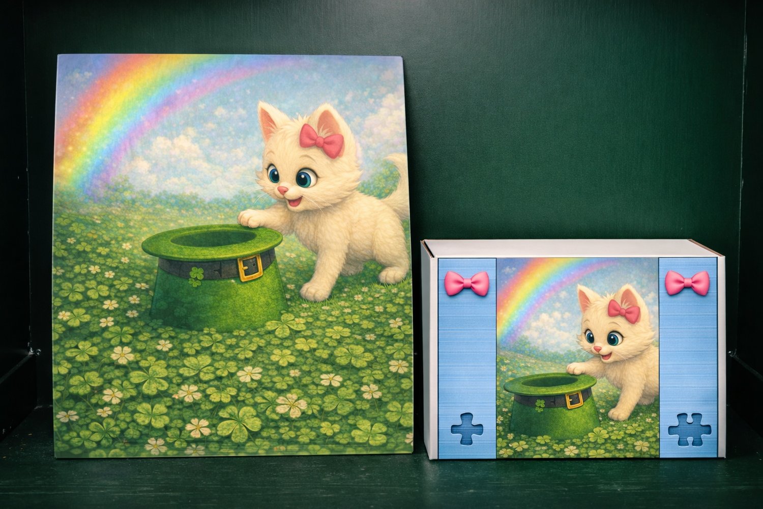 St. Patrick’s Day kitten puzzle with rainbow, shamrocks, and leprechaun hat in clover field