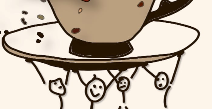 stick figures holding up a saucer and cup