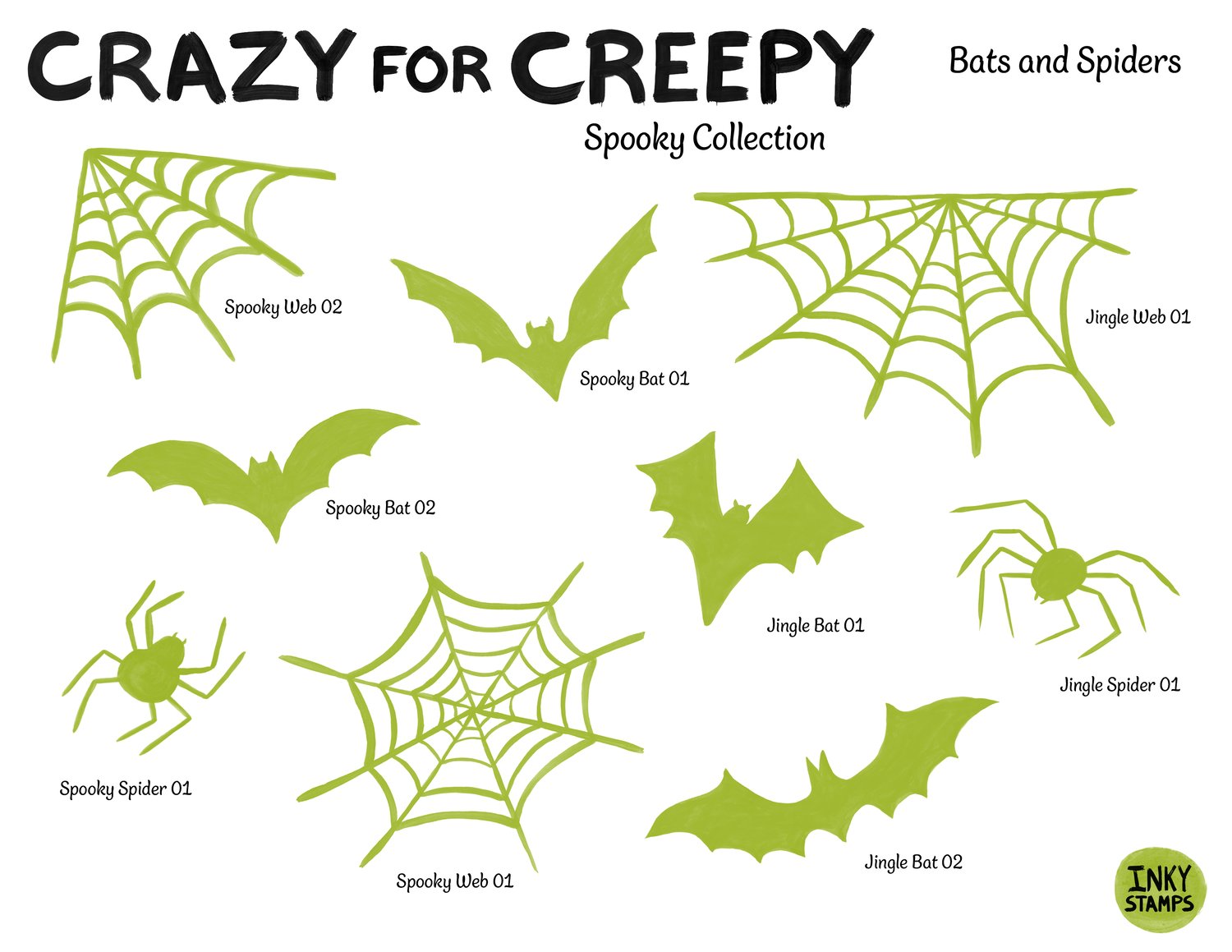 Crazy for Creepy - Spooky Collections, Bats & Spiders. INKY STAMPS - Stamp shapes - spiders, spiderwebs and bats