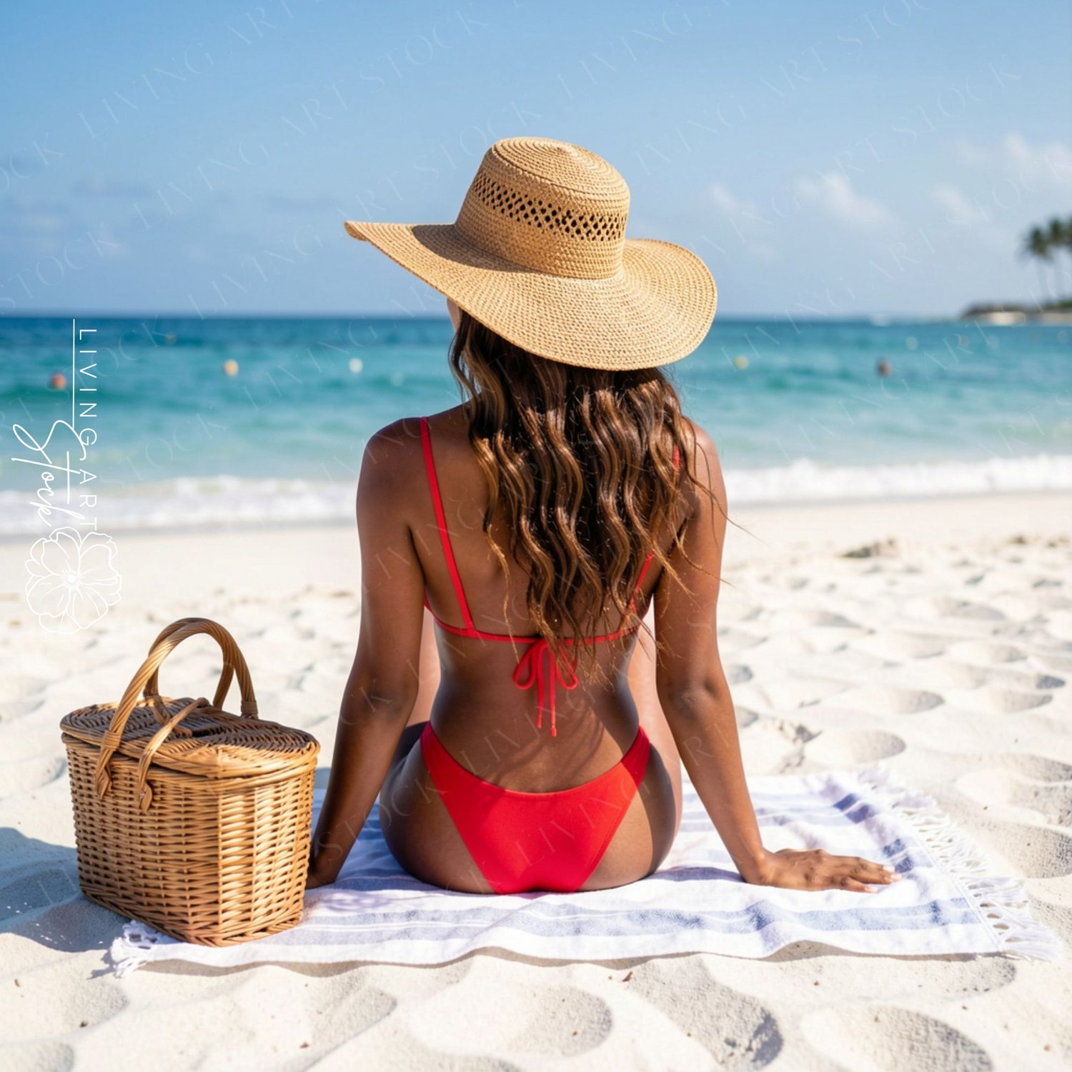 A young woman, from behind, is sitting on a striped beach towel on the sand, facing the ocean. She wears a large woven straw hat and a two-piece red string bikini, her long wavy brown hair visible. A woven picnic basket with a lid is to her left. The sett