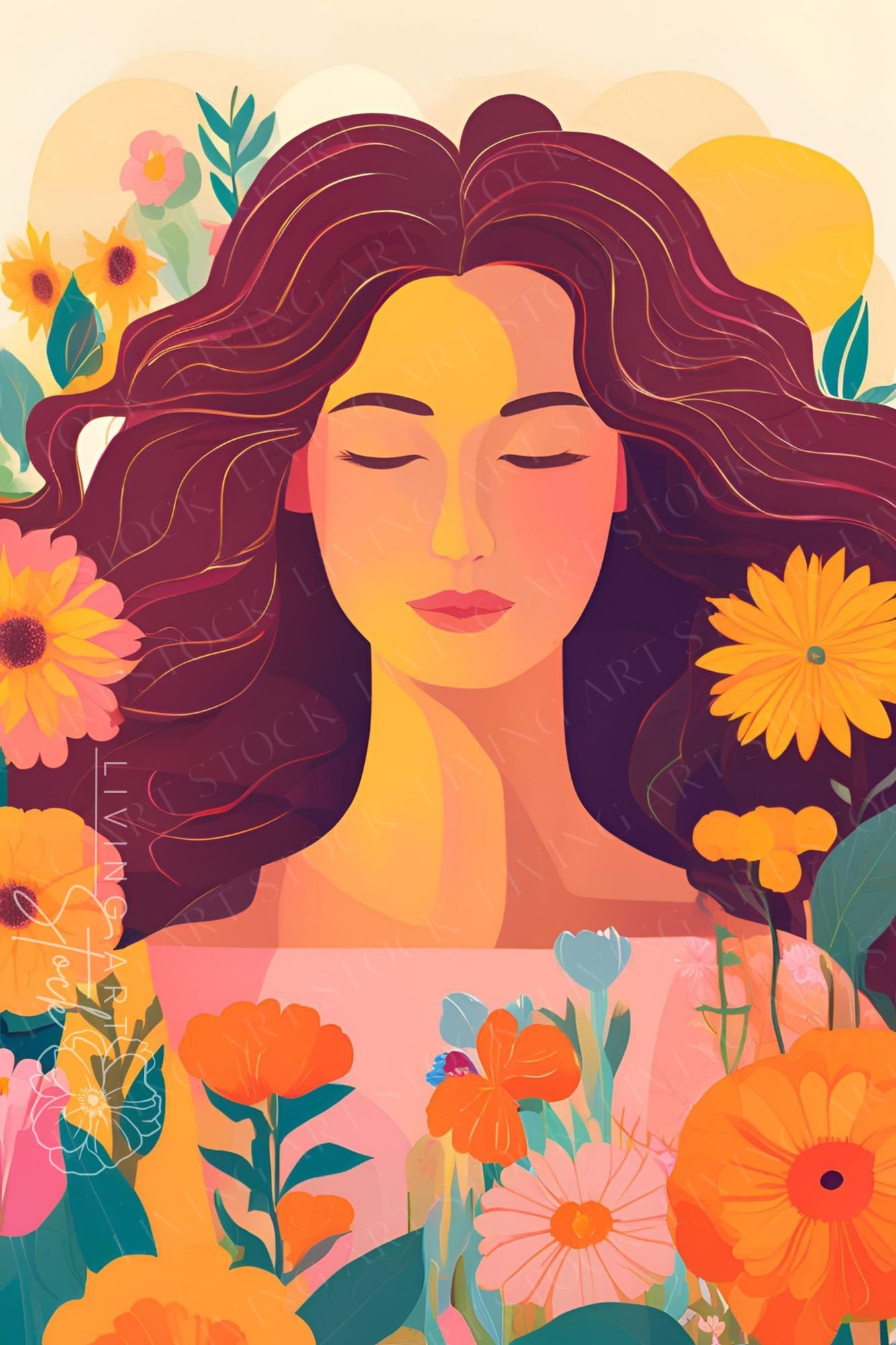 Illustrated portrait of a woman with closed eyes and deep red-brown hair, peaceful face surrounded by orange, yellow, and pink flowers in a vibrant flat design style.