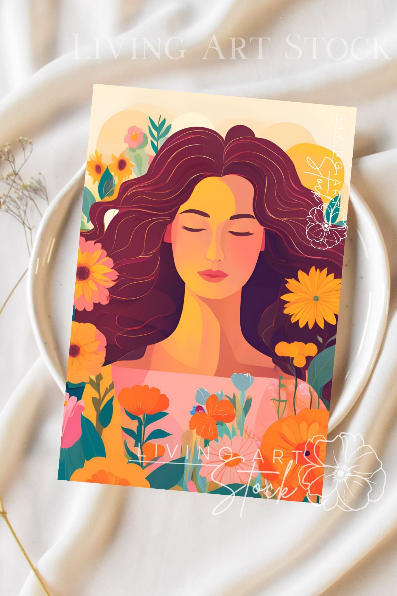 Illustrated portrait of a woman with closed eyes and deep red-brown hair, peaceful face surrounded by orange, yellow, and pink flowers in a vibrant flat design style.