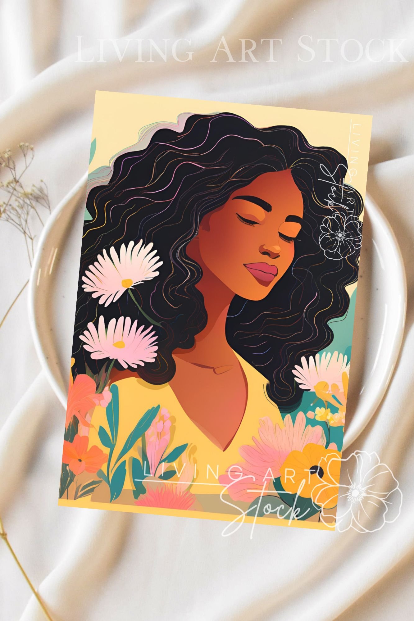 Illustrated portrait of a Black woman with closed eyes and large curly hair, surrounded by pink daisies, yellow flowers, and green leaves in a calm flat-vector style.