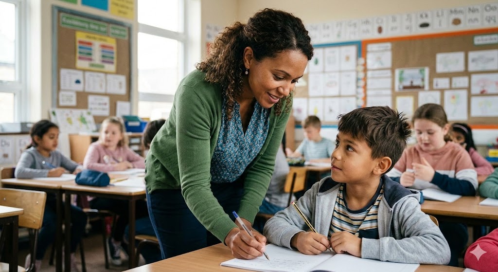 A teacher helping a learner in class.