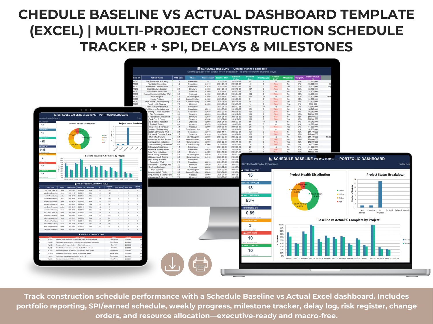 Schedule Baseline vs Actual Dashboard Template (Excel) for multi-project construction schedule tracking with portfolio KPIs, SPI, project health distribution, delays, risks, milestones, and baseline vs actual percent complete charts