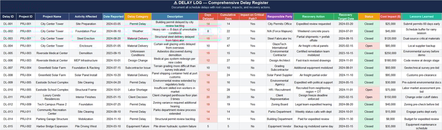 Delay log register in Excel documenting schedule delays with category, days delayed, cumulative impact, critical path impact, responsible party, recovery target date, status, and cost impact