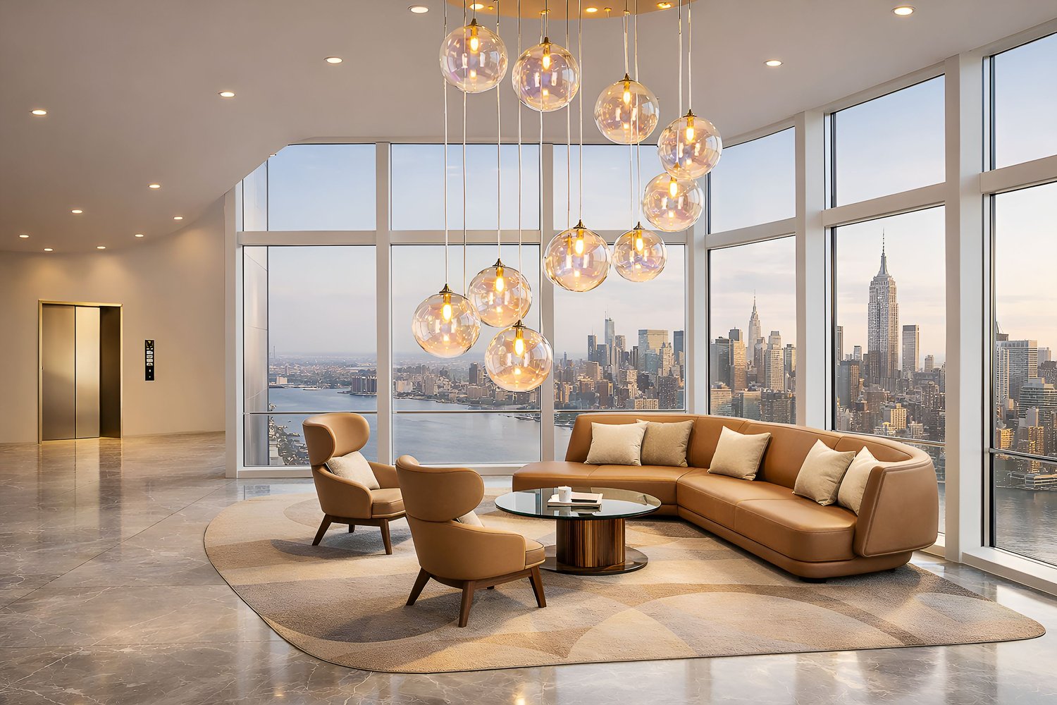luxury office lounge, executive lounge interior, skyline office design, modern corporate interior, panoramic glass office, marble floor office, leather sofa office, high end workspace, architectural visualization, 8k interior render