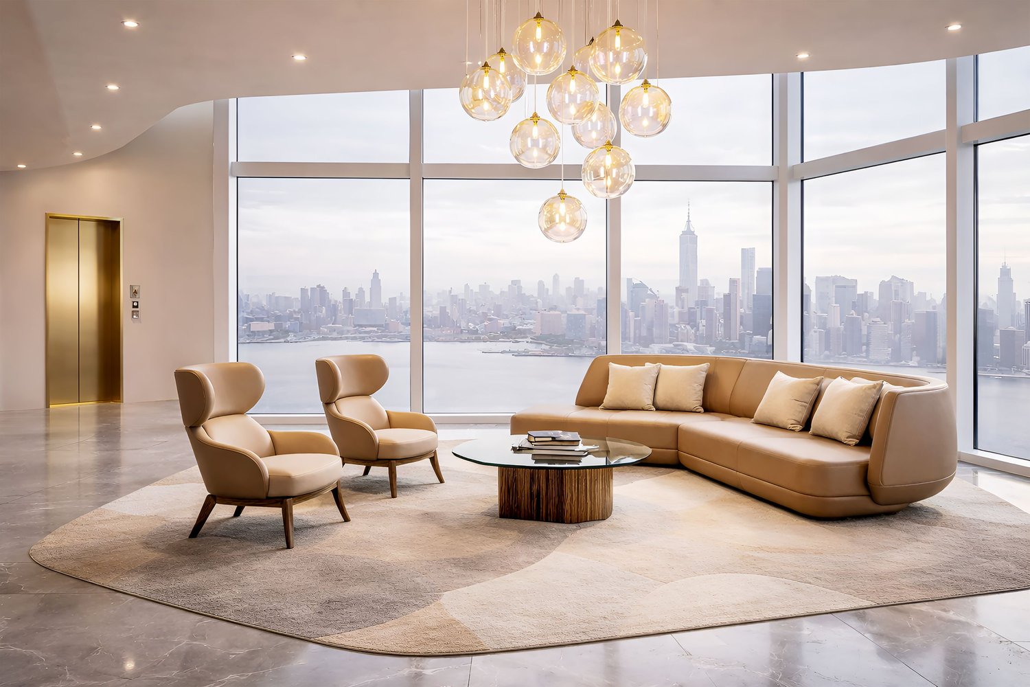 luxury office lounge, executive lounge interior, skyline office design, modern corporate interior, panoramic glass office, marble floor office, leather sofa office, high end workspace, architectural visualization, 8k interior render