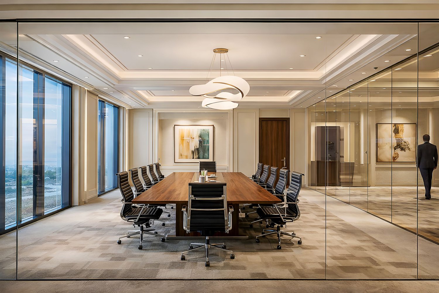 luxury office lounge, executive lounge interior, skyline office design, modern corporate interior, panoramic glass office, marble floor office, leather sofa office, high end workspace, architectural visualization, 8k interior render
