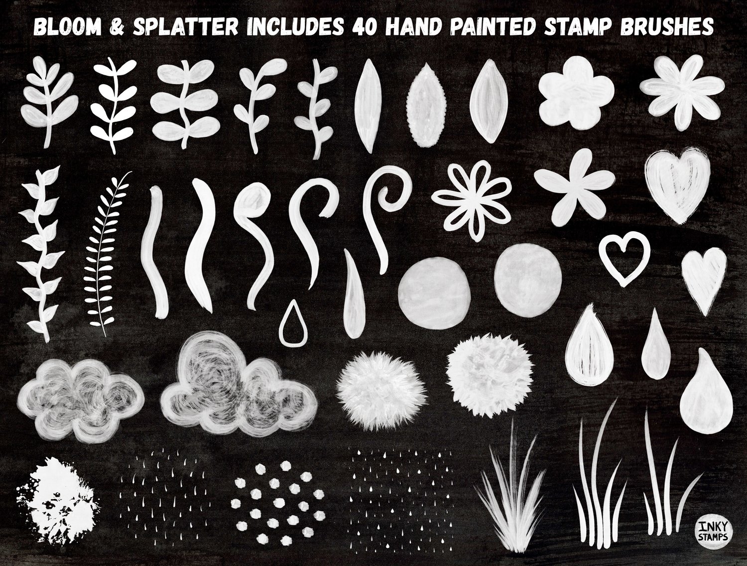 Bloom & Splatter includes 40 Hand Painted Stamp Brushes. Stamp shapes - leaf stalks, vines, leaves, flowers, hearts, raindrops, petals, stems, dots, grass, clouds