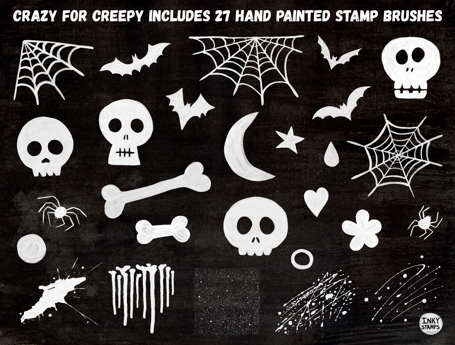 Crazy For Creepy includes 27 Hand painted Stamp Brushes - Stamp shapes - skulls, bones, spiders, spiderwebs, paint splat, drops, splatter, paint spray, heart, moon, star, flower, petal, raindrop, dot, circle