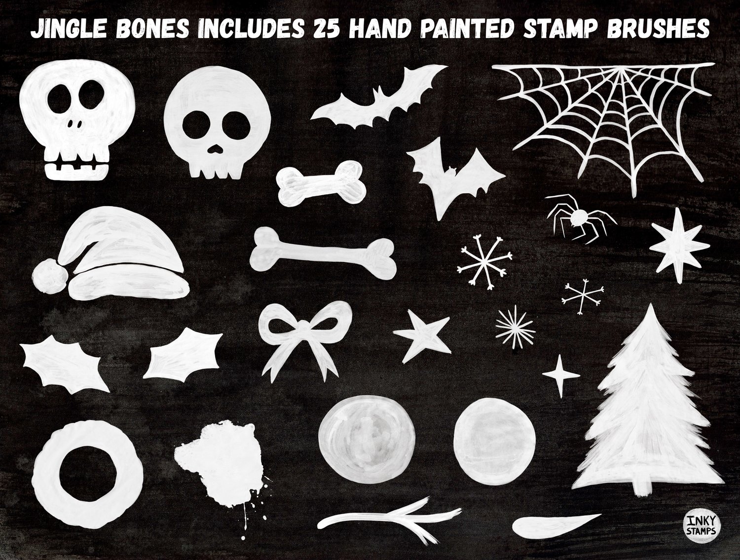 Jingle Bones includes 25 Hand Painted Stamp Brushes - Stamp shapes - skulls, bones, bats, spider, spiderweb, stars, snowflakes, holly, tree, wreath, bow, dots, ink splat, snowman nose and snowman arm