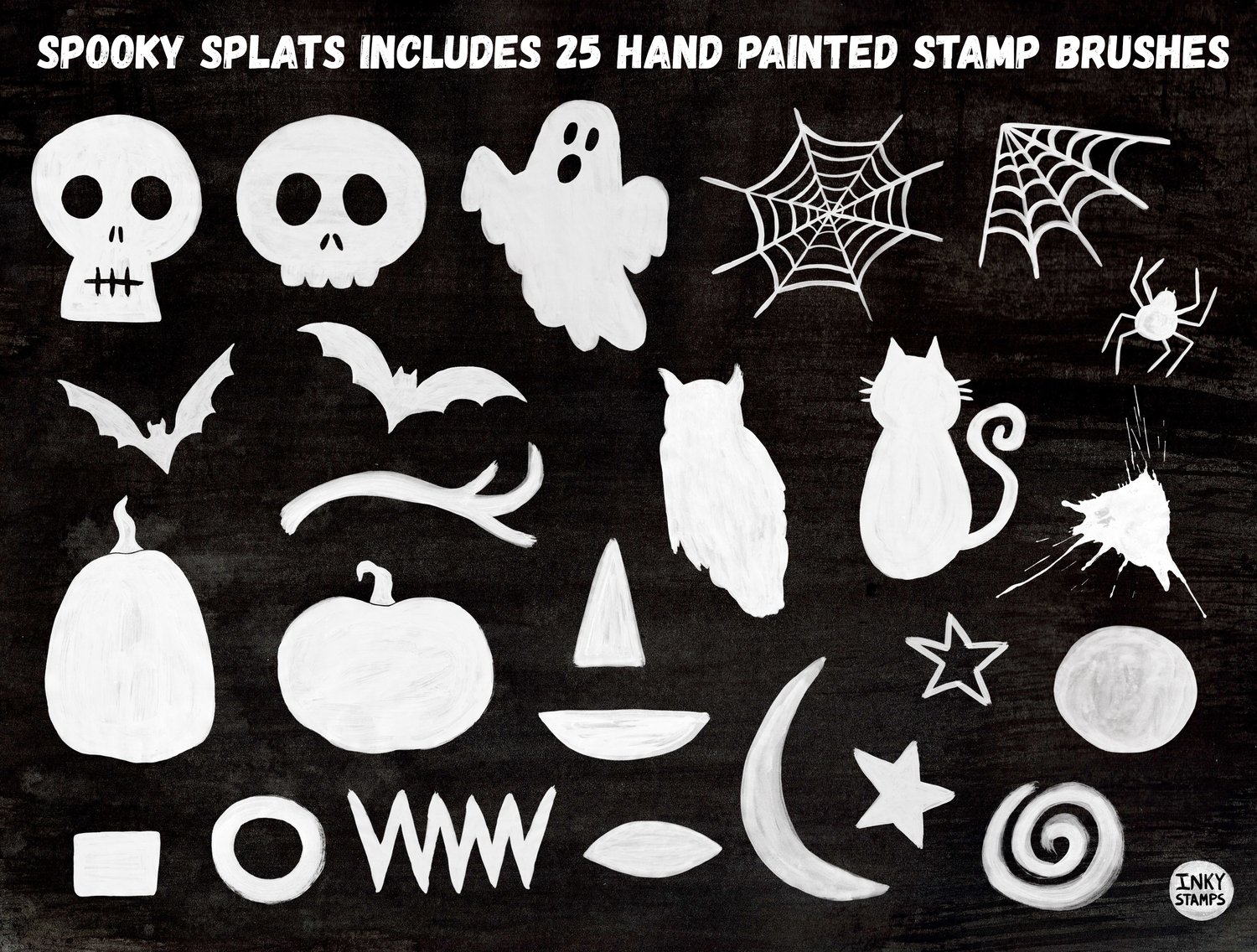Spooky Splats includes 25 Hand Painted Stamp Brushes - Stamp Shapes - skulls, bats, spiderwebs, spider, owl, cat, pumpkins, jack o lantern face shapes, moon, swirl, stars
