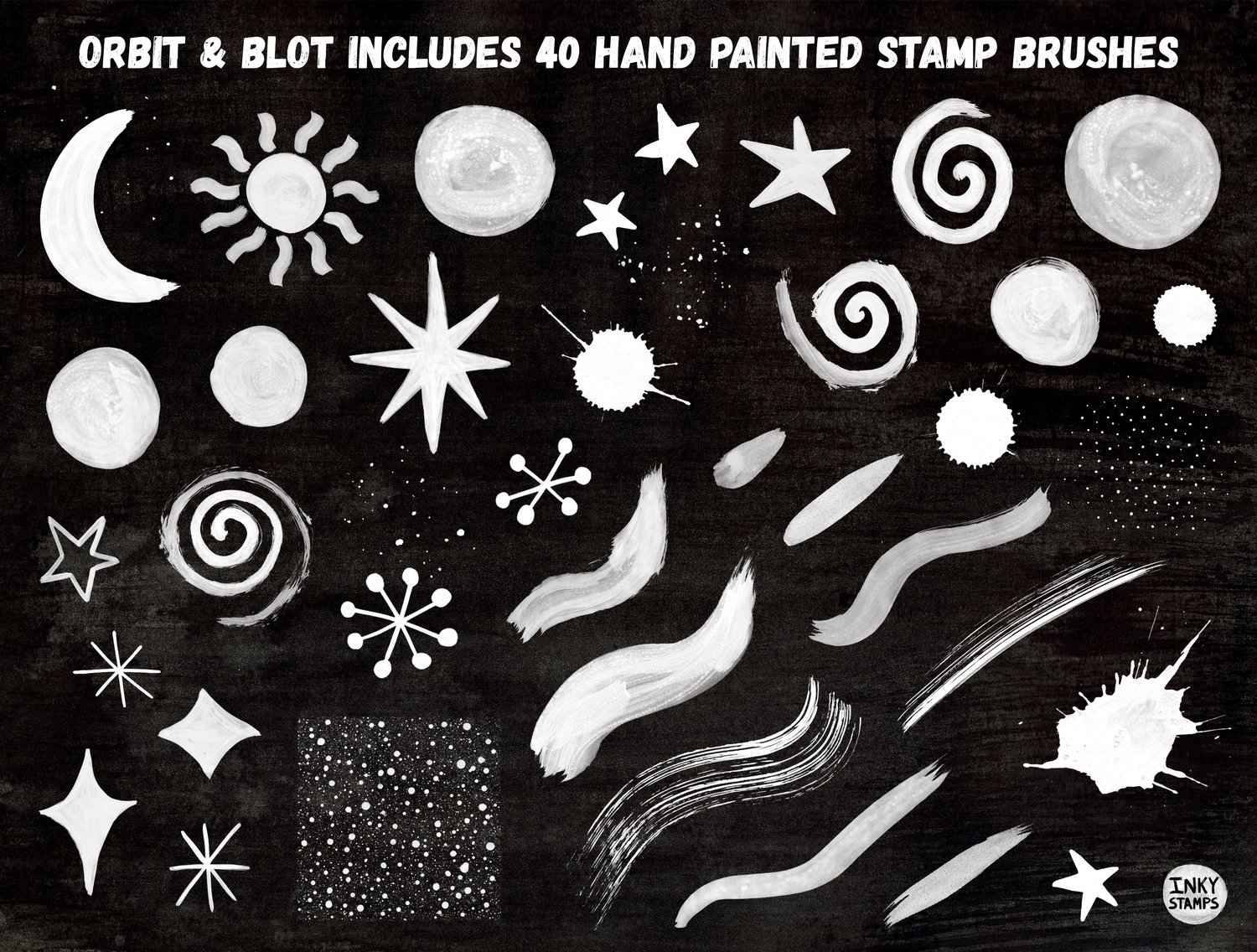 Orbit & Blot includes 40 Hand Painted Stamp Brushes - Stamp shapes - moon, sun, stars, sputnik star, retro stars, atomic stars, textured lunar dots, streaks, brush stroked streaks, ink splat, swirls, cosmic dots, texture, space noise