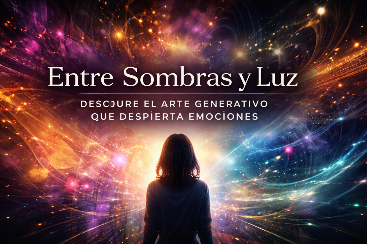 Encabezado de blog sobre arte generativo y arte contemporáneo mostrando una figura contemplando un paisaje digital abstracto lleno de luz, colores vibrantes y patrones generativos que evocan emociones y creatividad.