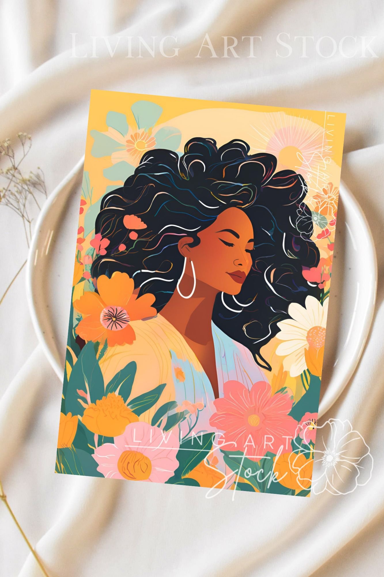Flat vector illustration of a Black woman with large, wavy, dark hair, large white hoop earrings, and eyes closed in a profile view, surrounded by colorful abstract pink, orange, and blue flowers against a sunny yellow background.