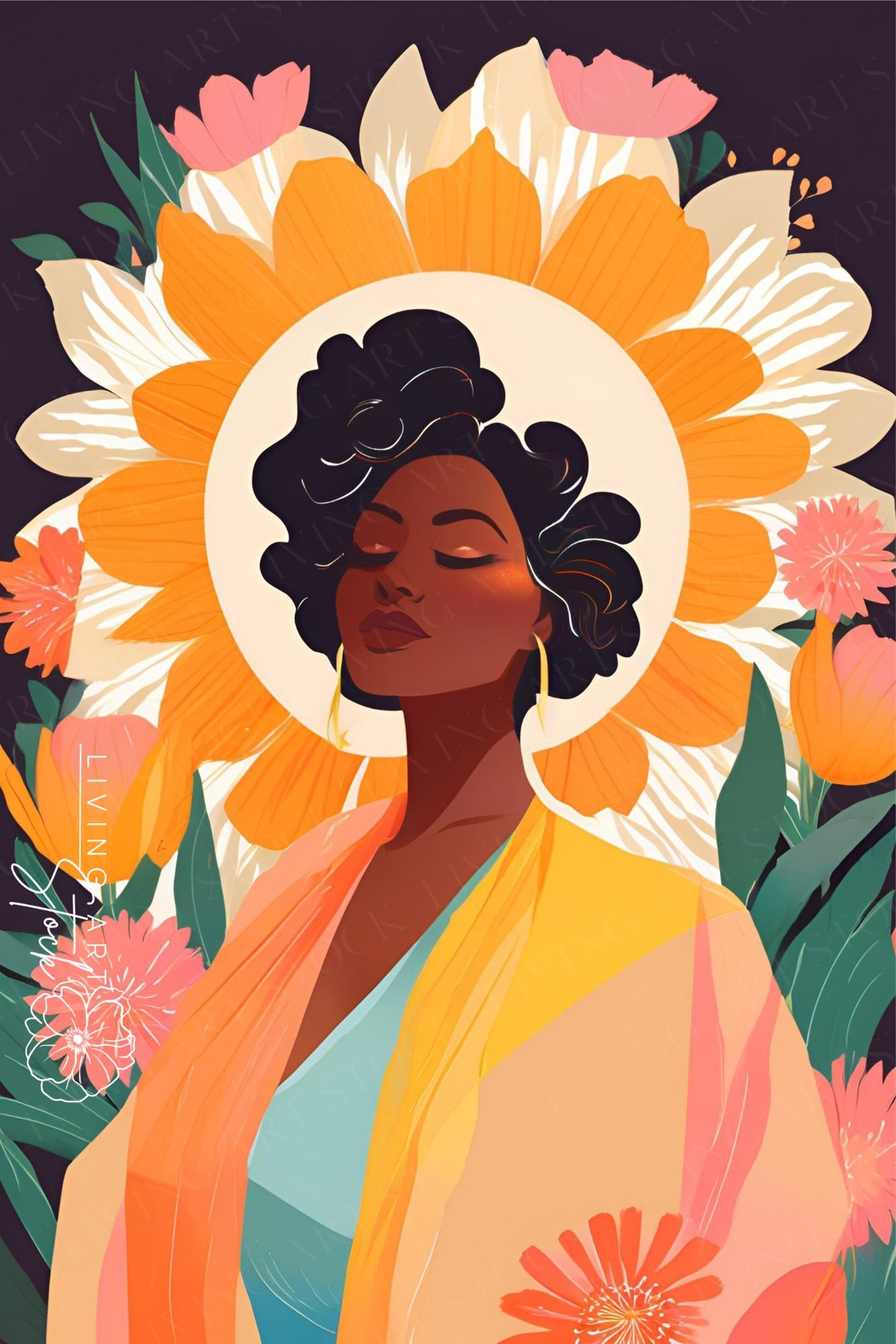 Vector illustration of a beautiful Black woman in a multi-layered yellow, orange, and teal robe with large hoop earrings and a short, textured hairstyle, her eyes closed in peace against a dark background with a large yellow and white sunburst floral halo