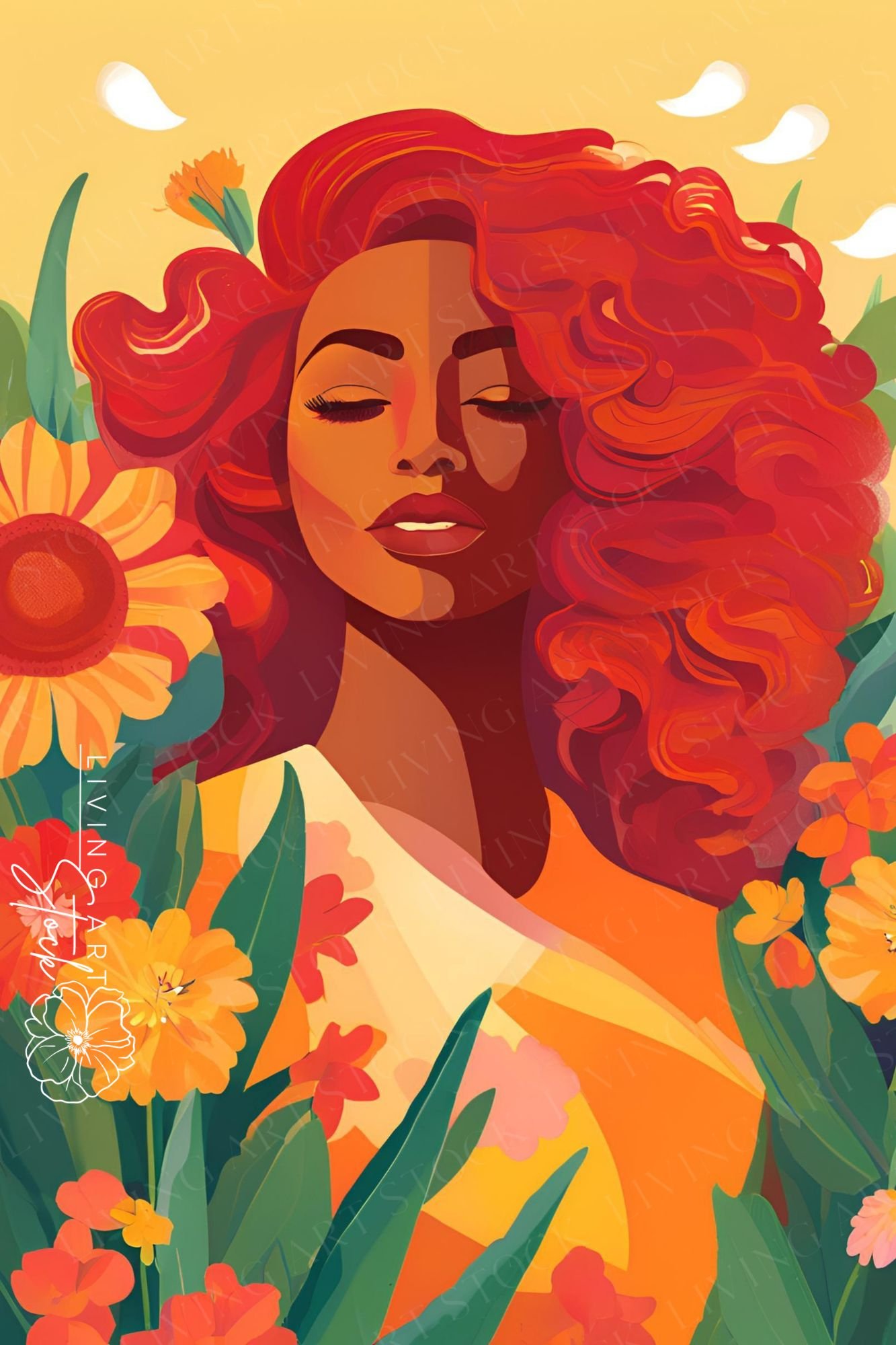 Vector illustration of a beautiful Black woman with a massive mane of vibrant red, curly hair, sleeping peacefully with closed eyes, surrounded by orange daisies, a sunflower, and green leaves on a warm yellow background with floating white elements.