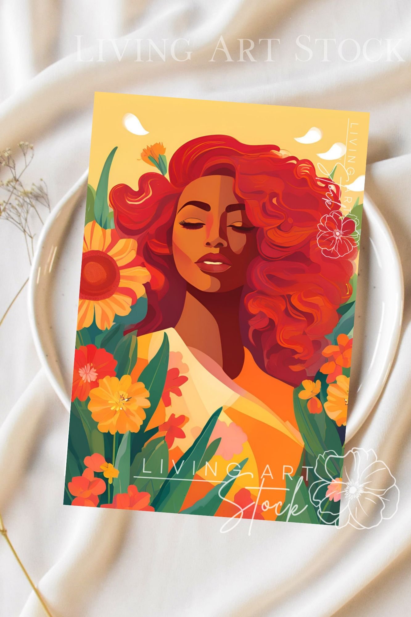 Vector illustration of a beautiful Black woman with a massive mane of vibrant red, curly hair, sleeping peacefully with closed eyes, surrounded by orange daisies, a sunflower, and green leaves on a warm yellow background with floating white elements.