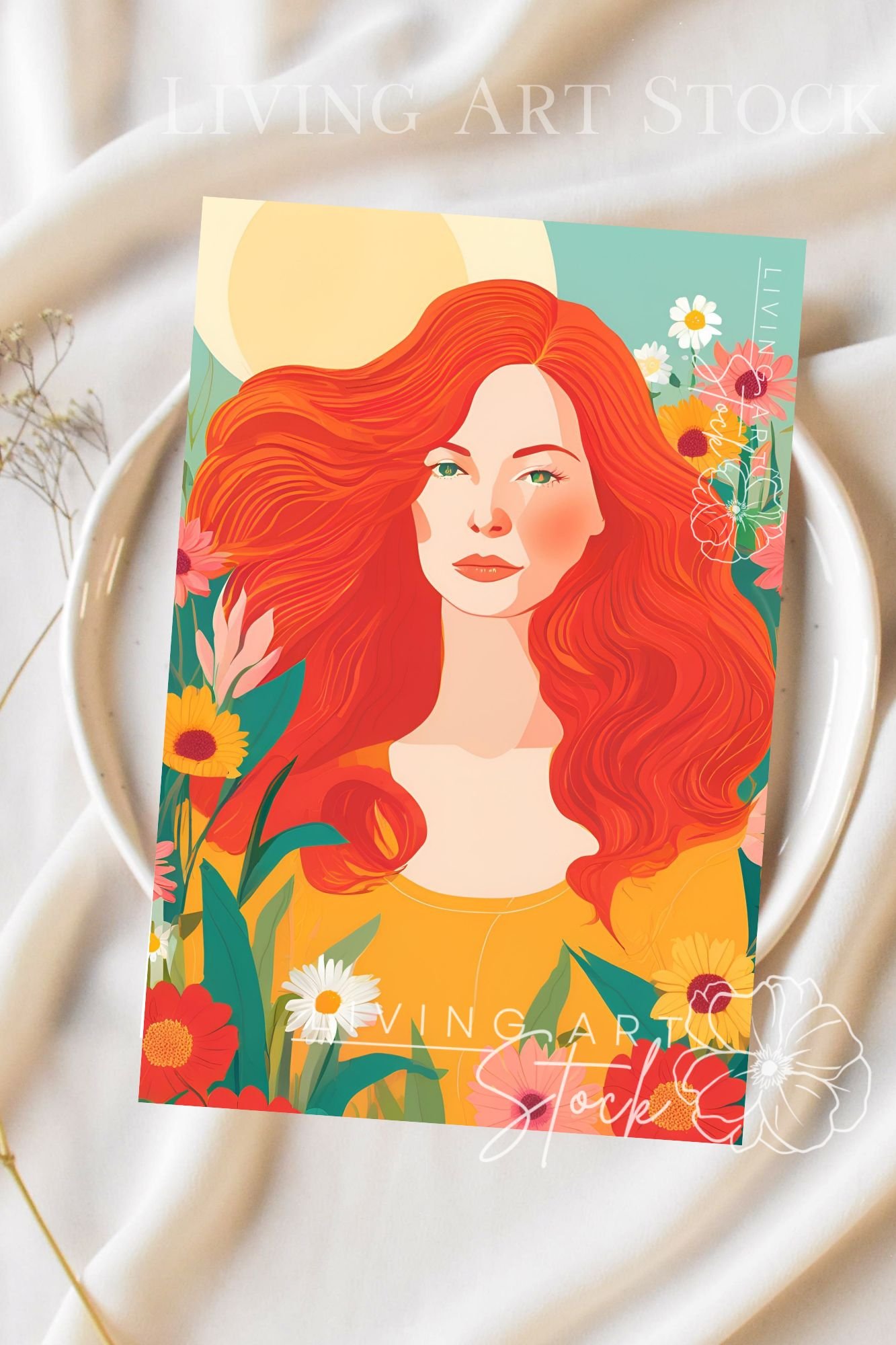 Vector illustration of a woman with long, flowing, vibrant red hair and green eyes, looking forward, surrounded by a dense garden of pink, yellow, red, and white daisies and wildflowers against a sunny teal and yellow background.
