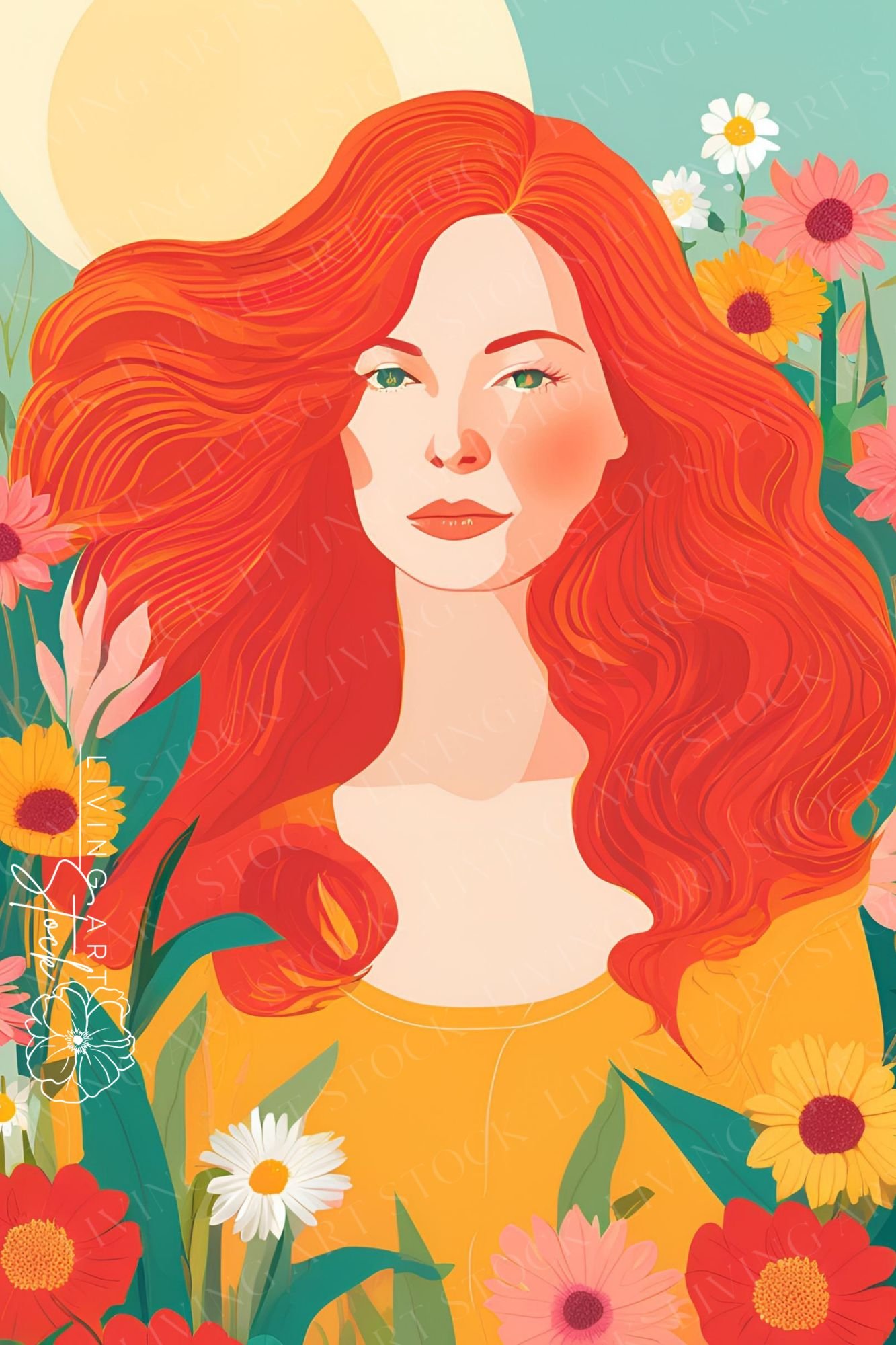 Vector illustration of a woman with long, flowing, vibrant red hair and green eyes, looking forward, surrounded by a dense garden of pink, yellow, red, and white daisies and wildflowers against a sunny teal and yellow background.