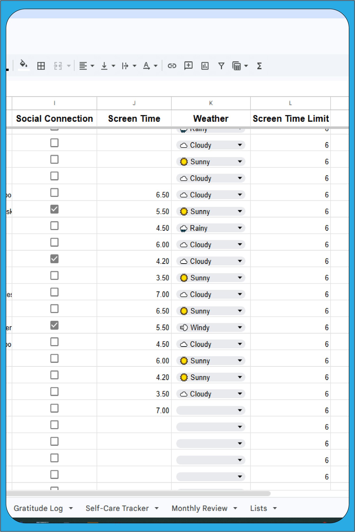 metal health daily journal, social, screen time and weather informations