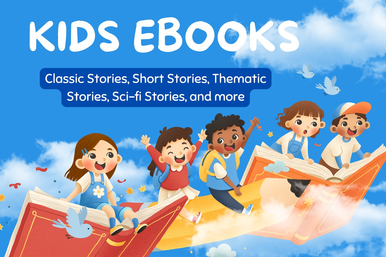 Illustration of happy children riding on flying open books in the sky, with clouds, birds, and the title “Kids Ebooks” highlighting classic, short, thematic, and sci-fi stories for kids.