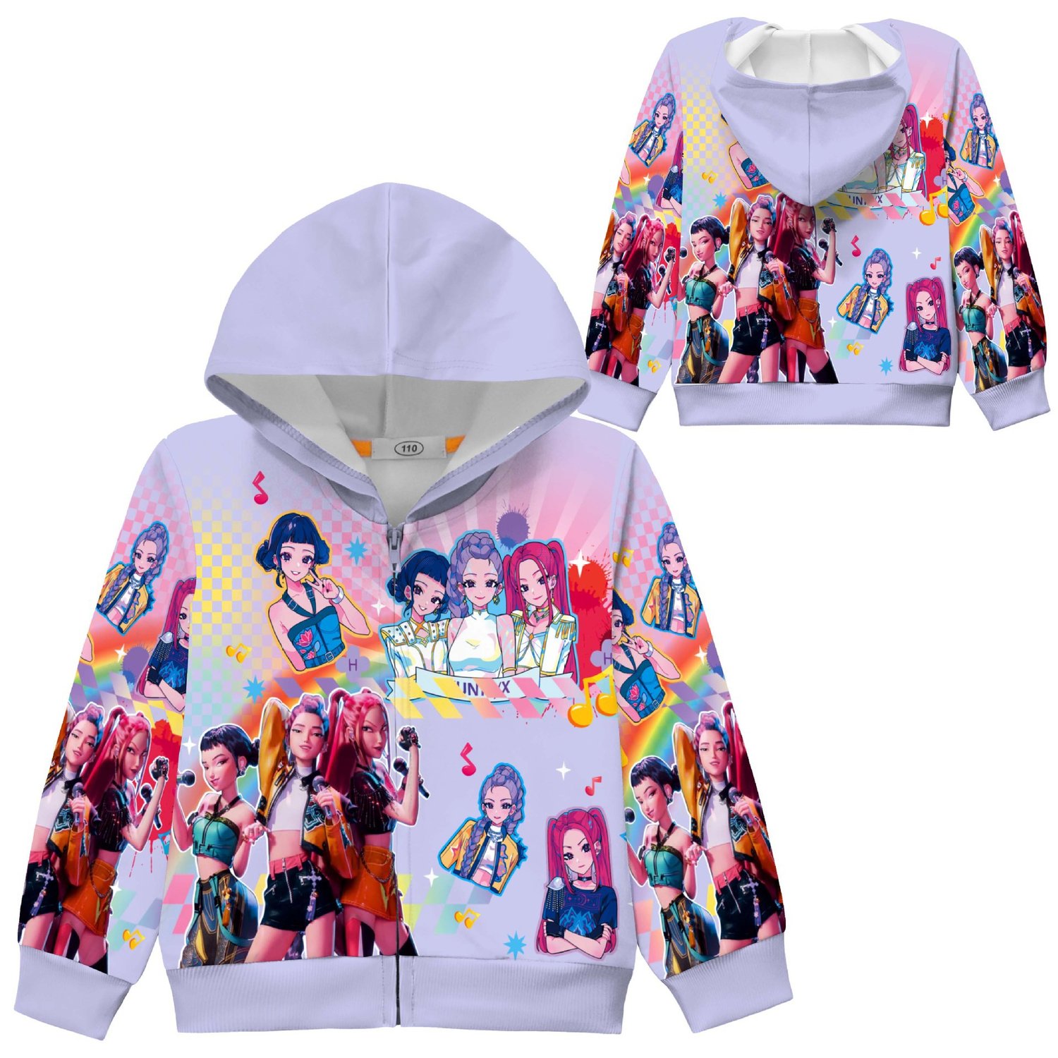 K-pop demon hunter inspired kids purple zip hoodie for ages 4 to 9