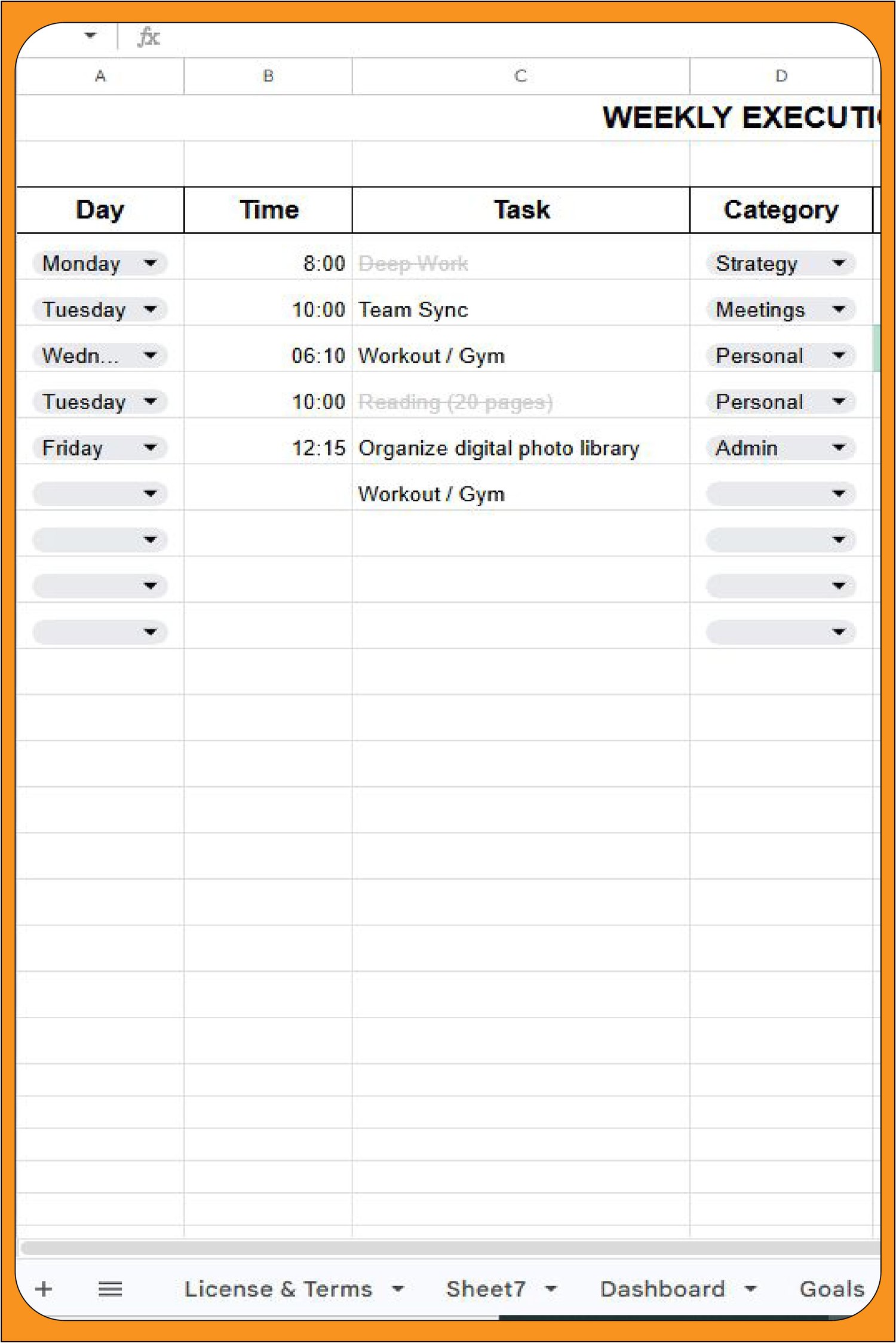 Google Sheets weekly execution board with custom category dropdowns, time-blocking, and automated task strikethrough