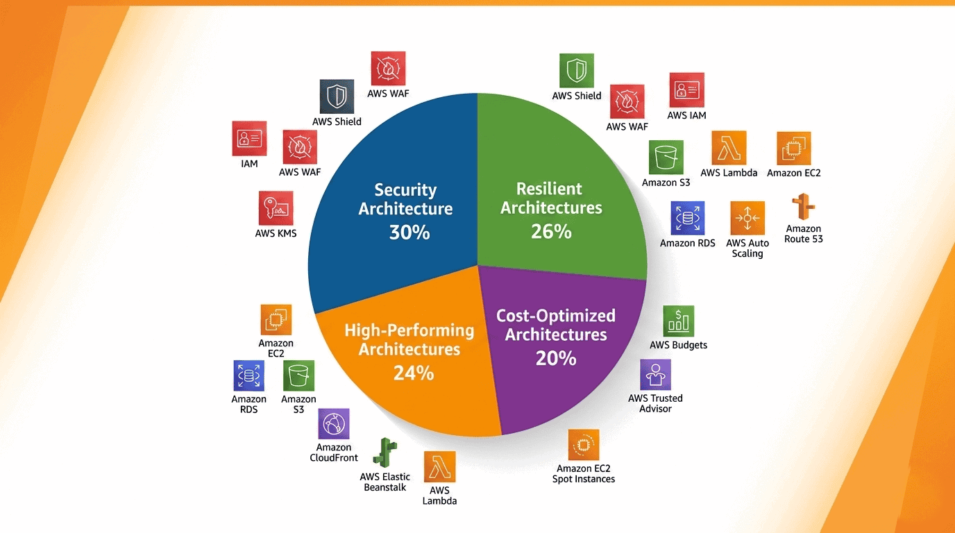 Pie chart showing SAA-C03 exam domain weights Security 30%, Resilient 26%, High-Performing 24%, Cost-Optimized 20%_1