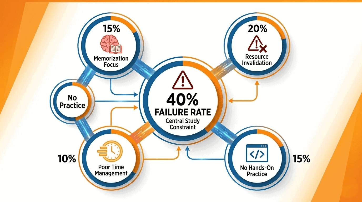 Infographic showing five common reasons candidates fail the AWS SAA-C03 exam with icons and statistics (1)