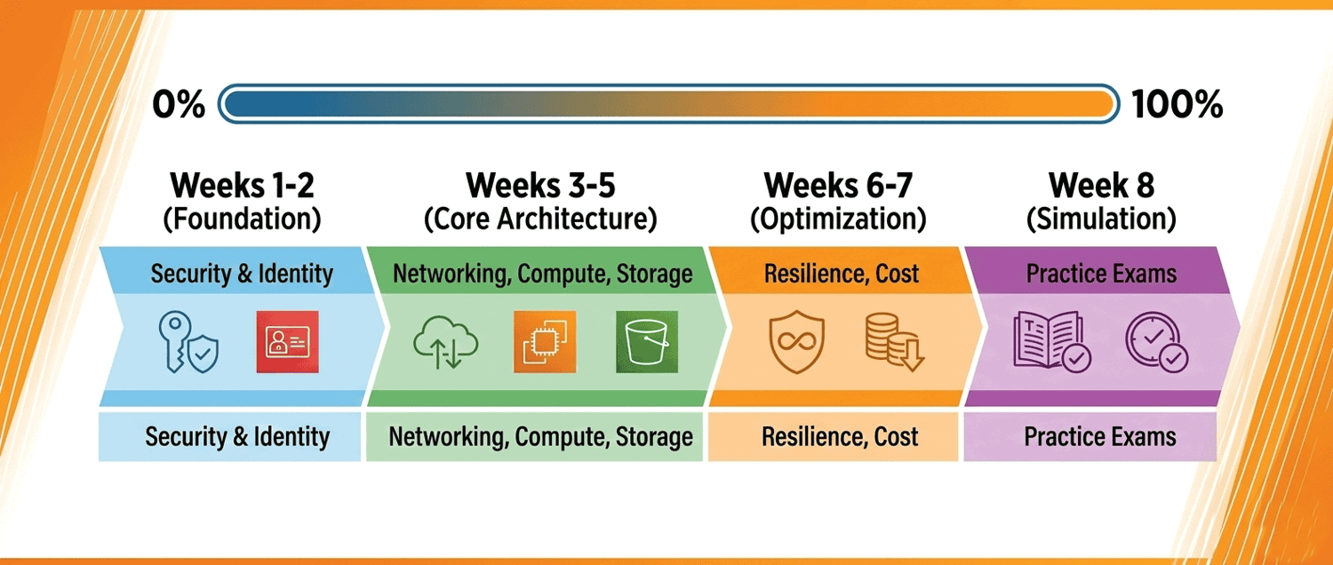 Visual timeline showing 8-week study plan for AWS SAA-C03 exam with phases and weekly focus areas