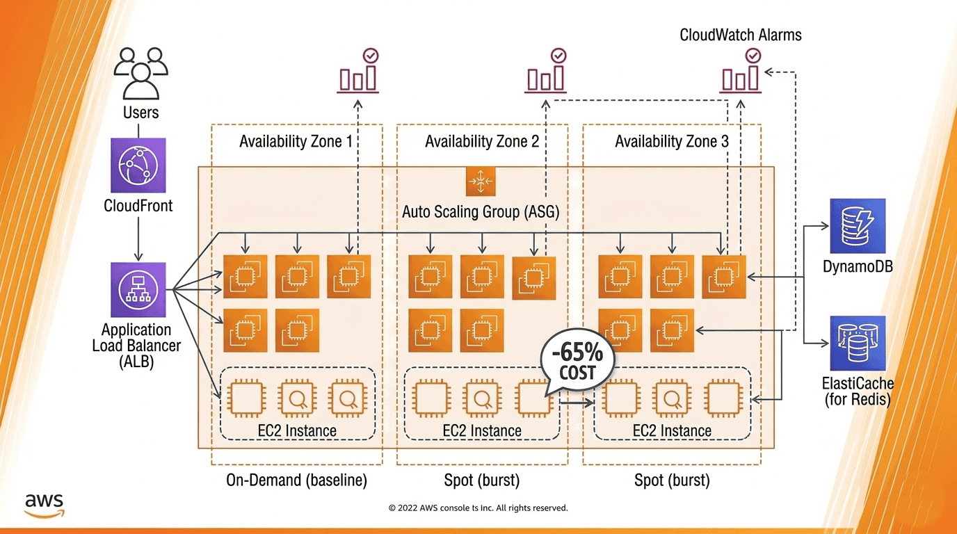 AWS architecture diagram showing cost-optimized web tier with Auto Scaling, Spot Instances, and ALB